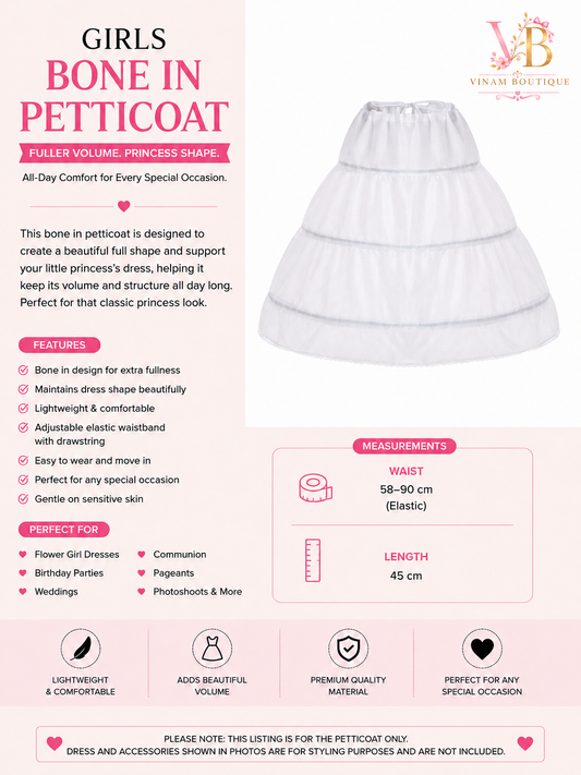 A product information card for a girls' petticoat from Vinam Boutique. The left side features pink and black text detailing the 'Girls Bone In Petticoat' features, measurements, and suitability, alongside a small illustration.