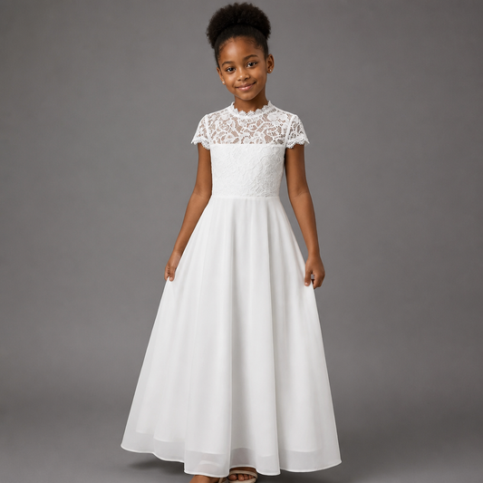 A young girl modeling a white formal dress with a lace cap collar and a flowing chiffon skirt, photographed against a solid gray studio background.