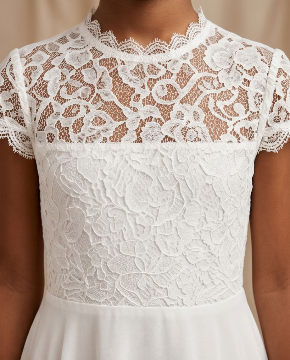 White lace dress bodice with short cap sleeves, a scalloped lace neckline, and a smooth white skirt, shown on a model against a neutral beige background.