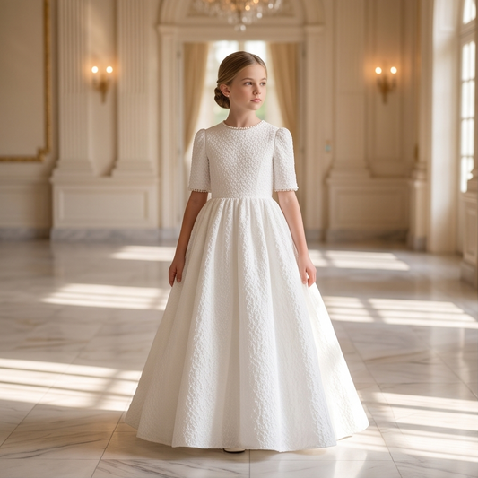 A young girl stands in a grand, sunlit hall wearing a formal white ball gown with short puff sleeves, a fitted waist, and a full skirt. The room has cream walls, wall sconces, and marble floors with soft window shadows.