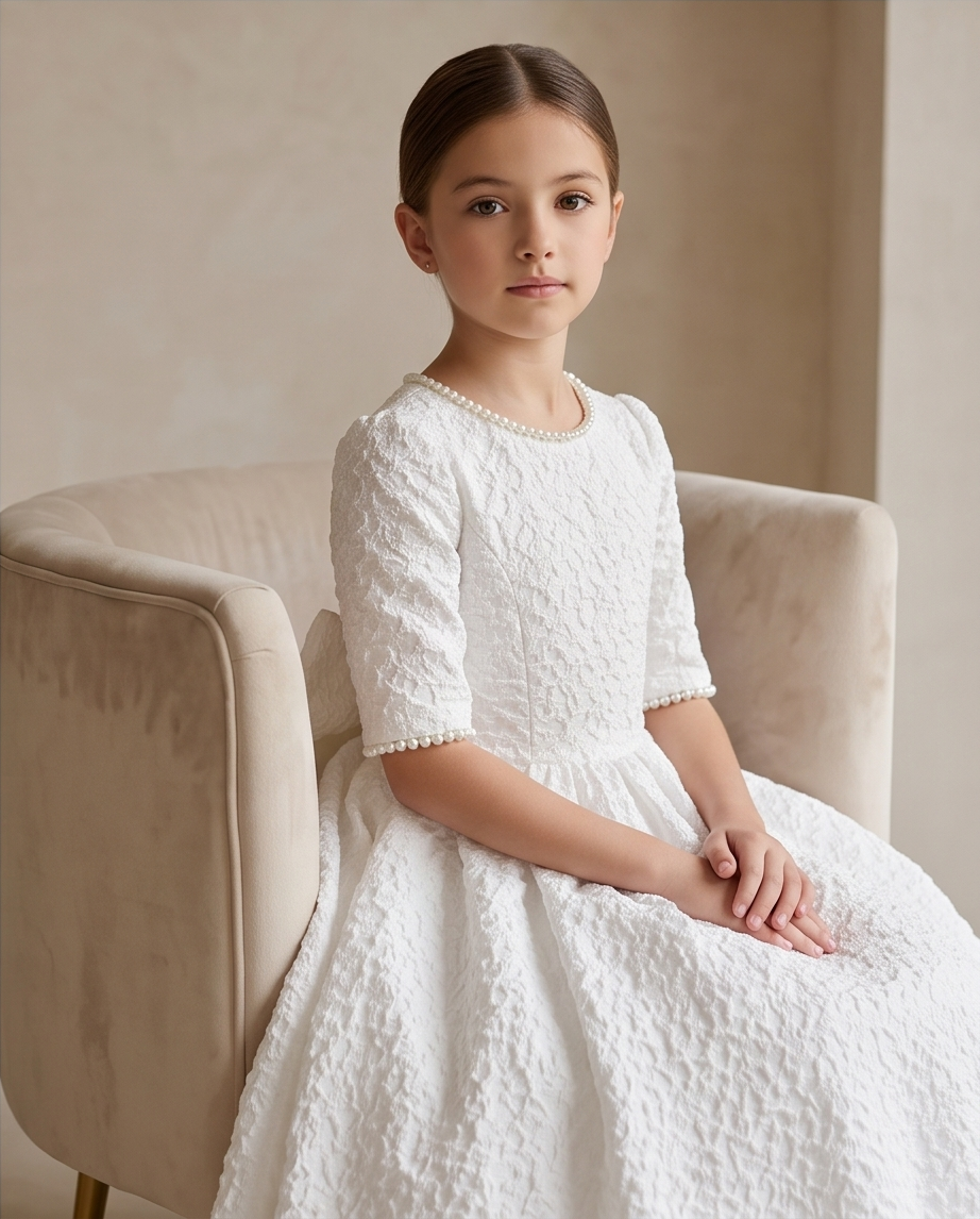 A young girl with dark hair sits on a beige velvet armchair wearing a white textured lace first communion dress with short sleeves and a pearl collar.
