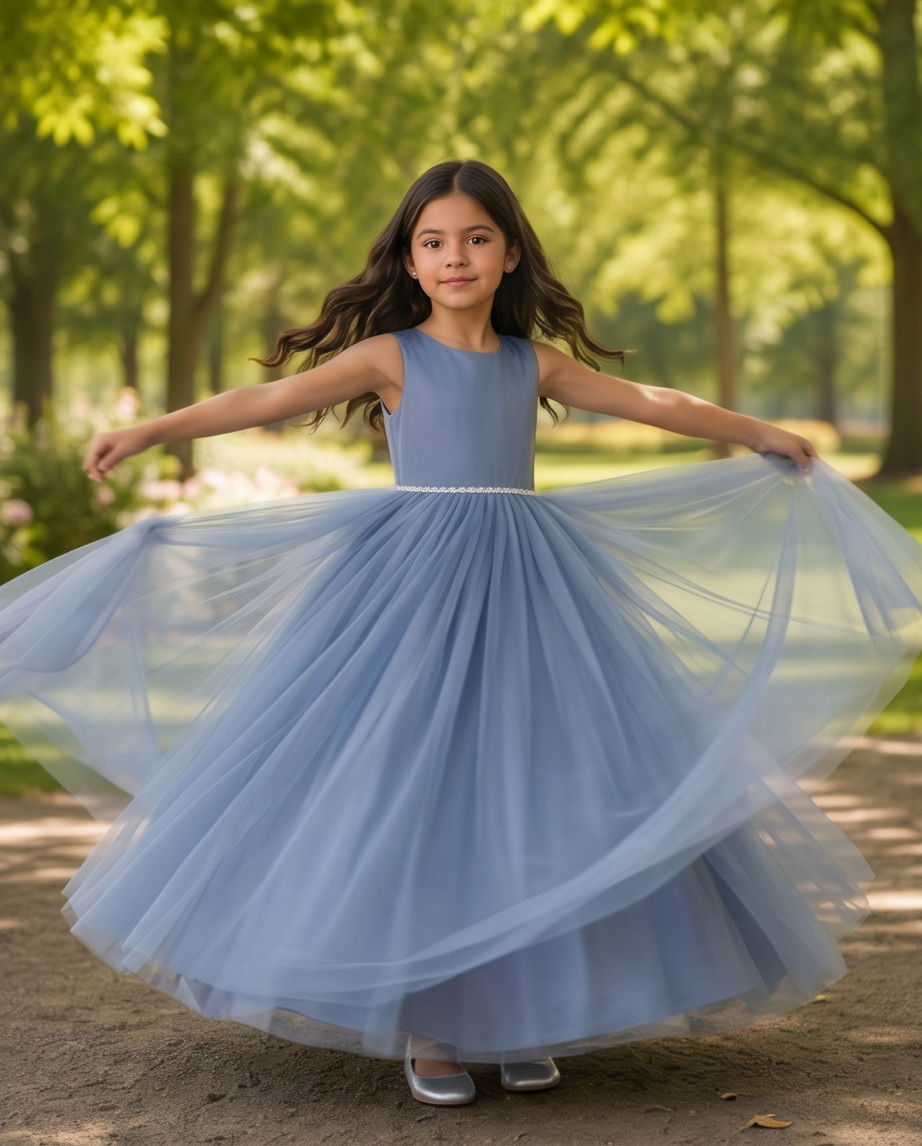 A young girl with long dark hair twirling in a sleeveless dusty blue tulle dress with a fitted bodice and a full flowing skirt, photographed outdoors in a sunlit park with trees in the background.