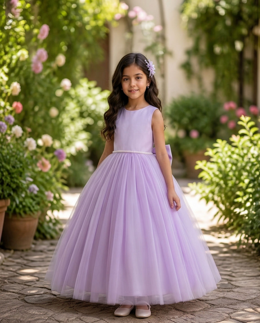 A young girl stands in a sunlit garden wearing a sleeveless lavender tulle flower girl dress with a full skirt and a matching bow on the back. The background features lush green foliage, blooming pink flowers, and a stone pathway.