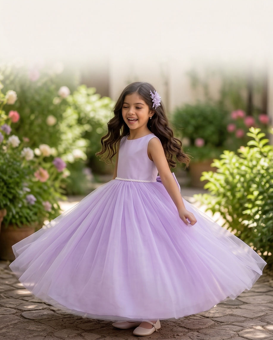 A young girl with long wavy brown hair wearing a sleeveless lavender purple tulle flower girl dress, twirling in a garden setting.