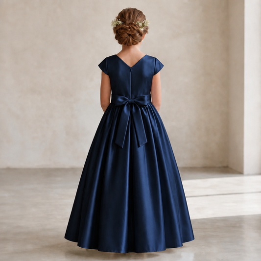 A young girl viewed from behind wearing a navy blue satin ball gown with cap sleeves and a large bow at the waist, standing in a neutral indoor setting.