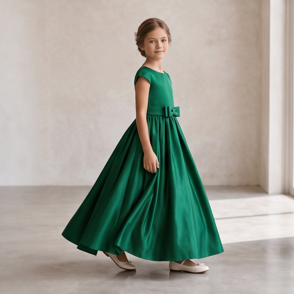A young girl wearing a floor-length emerald green satin dress with a matching waist bow, standing in a minimalist room with a textured beige wall and gray floor.