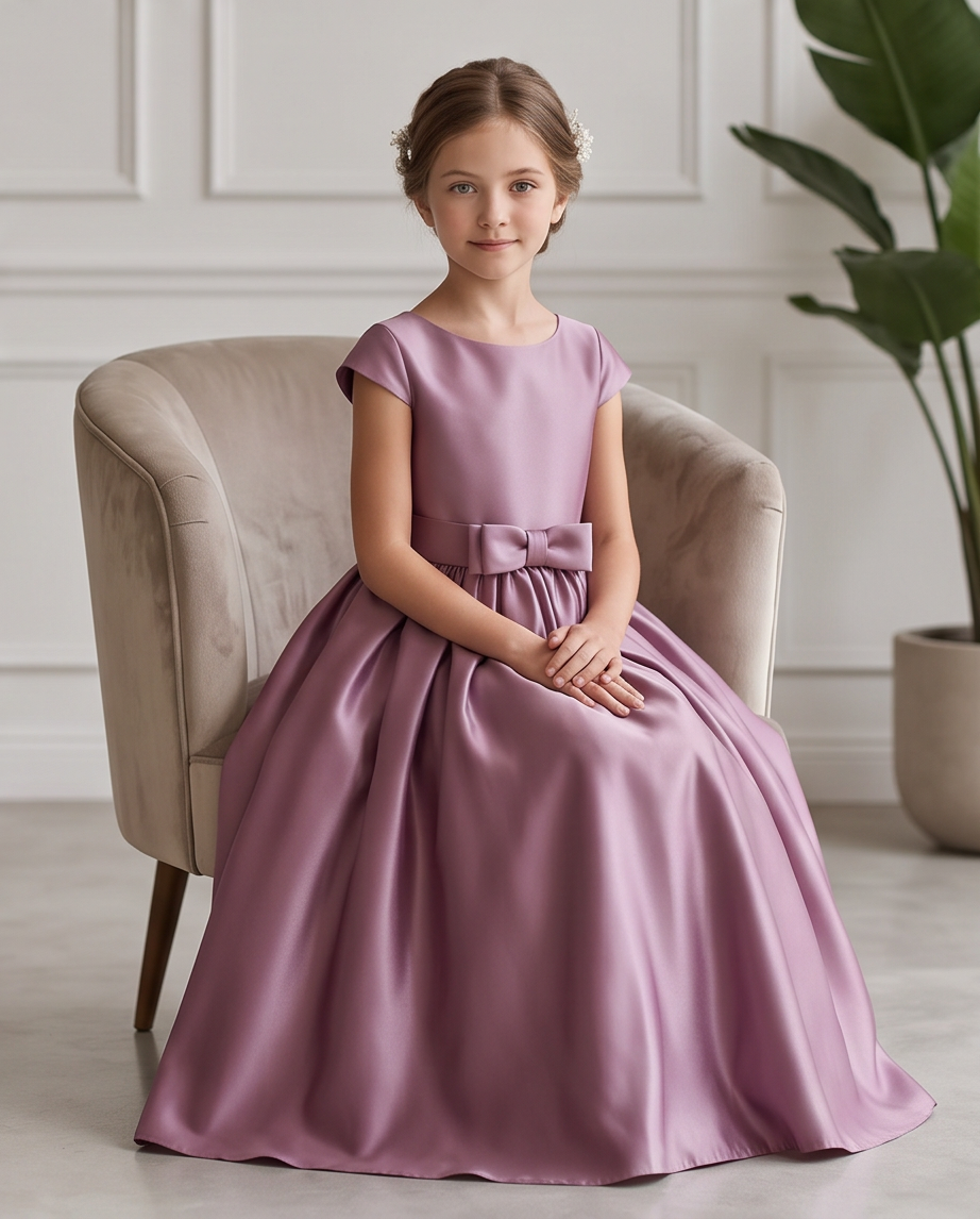 A young girl with brown hair sits in a beige armchair wearing a lavender purple satin ball gown with cap sleeves and a bow at the waist. The background is a white paneled wall with a green potted plant on the right.