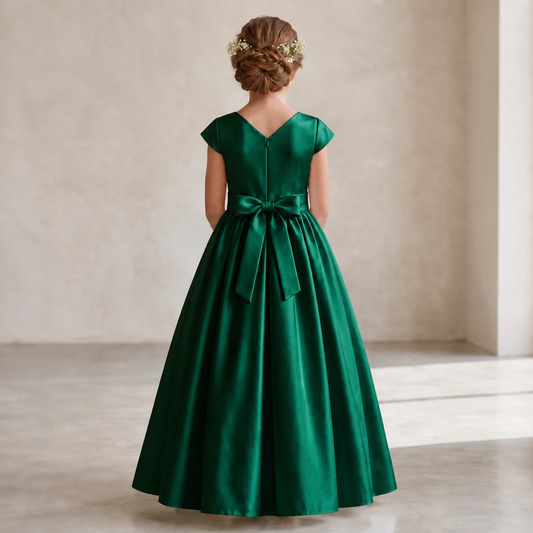 A young girl viewed from behind wearing a floor-length emerald green satin dress with cap sleeves and a large bow at the waist, standing in a softly lit indoor setting.