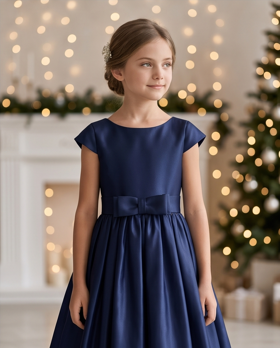 A young girl with her hair in a low bun wears a navy blue satin flower girl dress with cap sleeves and a matching waist bow. She is standing in a festive indoor setting with a blurred Christmas tree and warm bokeh lights in the background.