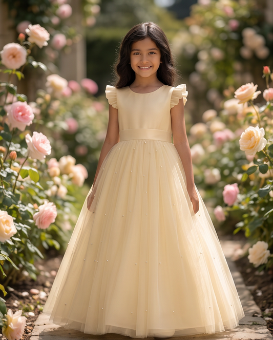 A young girl stands in a garden wearing a cream-colored tulle dress with ruffled cap sleeves and a full skirt. The background is filled with blooming pink and white roses.