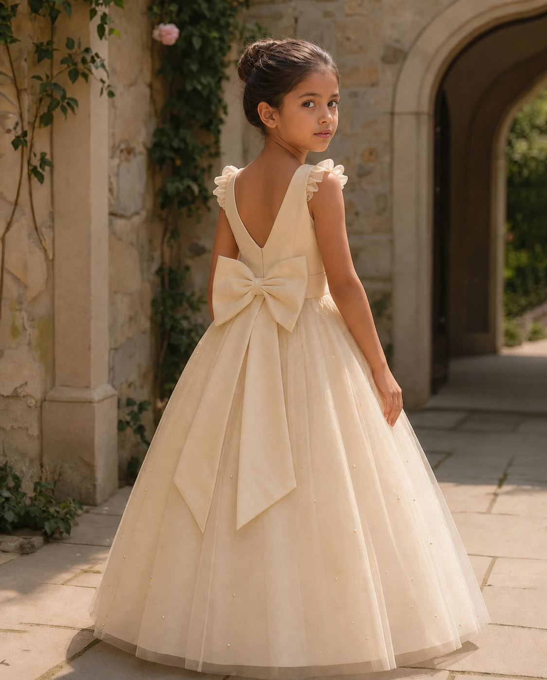 A young girl wearing a cream-colored ball gown with a large bow on the back, standing in front of a stone archway.