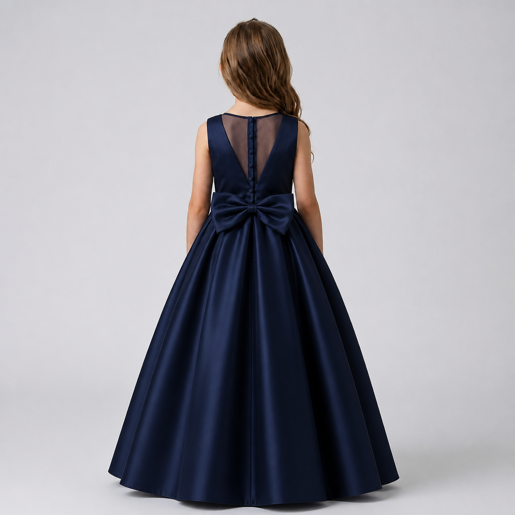 A young girl viewed from behind wearing a sleeveless navy blue ball gown with a sheer mesh back panel and a large bow at the waist, photographed against a light gray studio background.