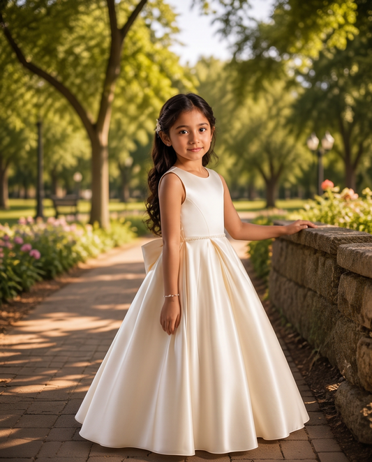 A young girl stands on a paved path in a park wearing a sleeveless white satin dress with a full skirt and a large bow at the back. Trees, flowers, and a stone wall are visible in the background.
