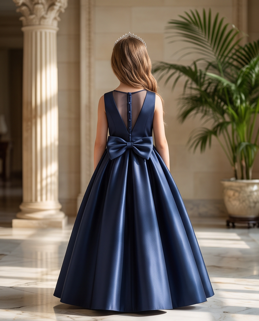 A young girl viewed from behind wearing a sleeveless navy blue satin ball gown with a large bow at the waist, standing in a grand interior with stone columns and a potted palm.