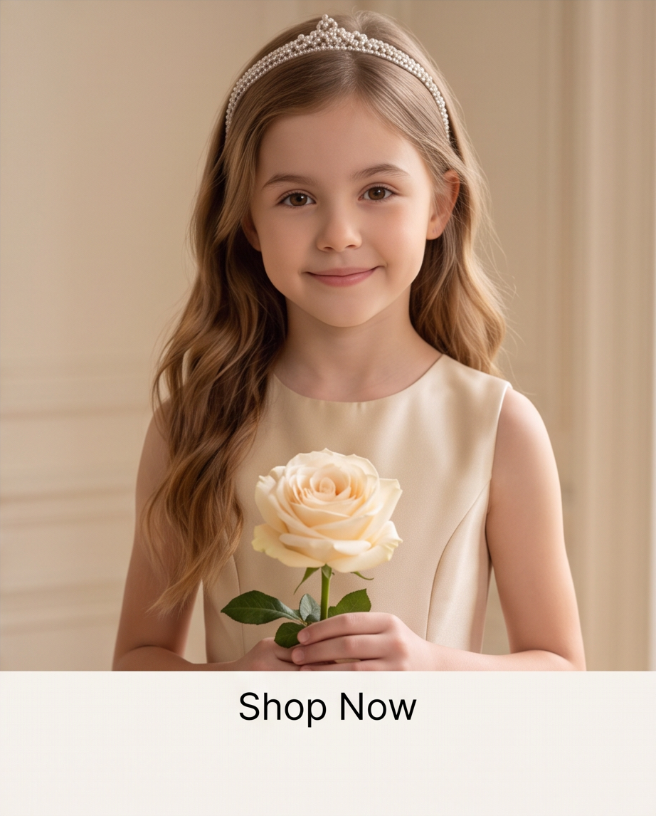 A young girl with long wavy light brown hair wears a jeweled tiara and a sleeveless cream dress, holding a pale cream rose. A white banner at the bottom reads 'Shop Now'.