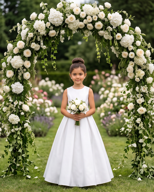 A young girl stands in a garden wearing a sleeveless white A-line dress and holding a bouquet of white flowers, framed by a large white and green floral arch.