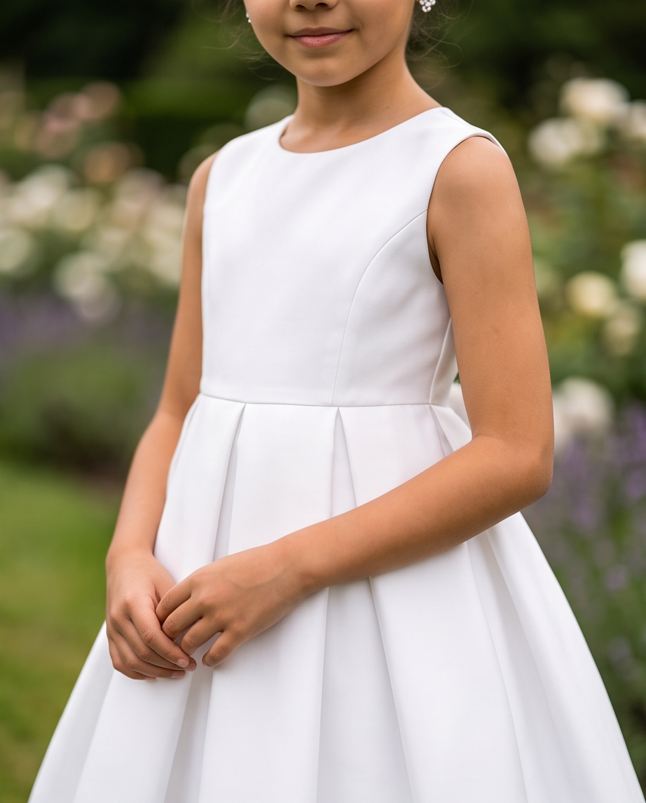 A young girl wearing a sleeveless white formal dress with a structured bodice and flared skirt, standing outdoors in front of a blurred garden background.