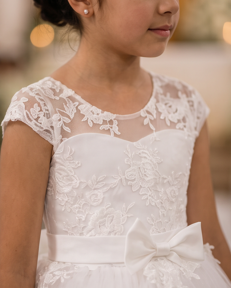 A close-up of a young girl wearing a white lace flower girl dress with cap sleeves, a sheer mesh neckline, and a large satin bow at the waist.