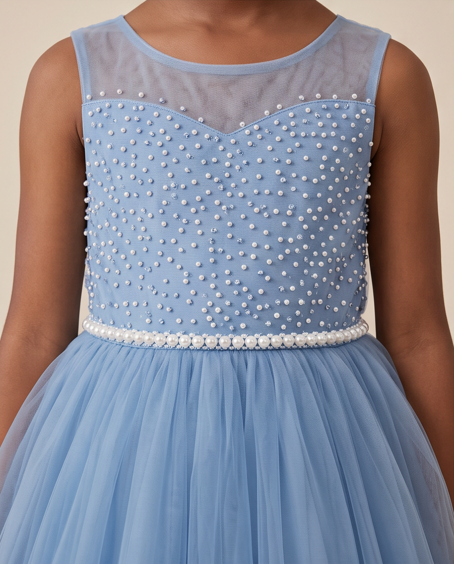 A sleeveless light blue dress with a sheer mesh neckline, a bodice covered in white bead embellishments, and a full tulle skirt, shown on a model against a plain beige background.
