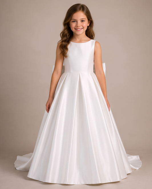 A young girl with wavy brown hair wearing a sleeveless white satin A-line dress with a high round neckline and a full skirt, standing against a solid beige studio background.