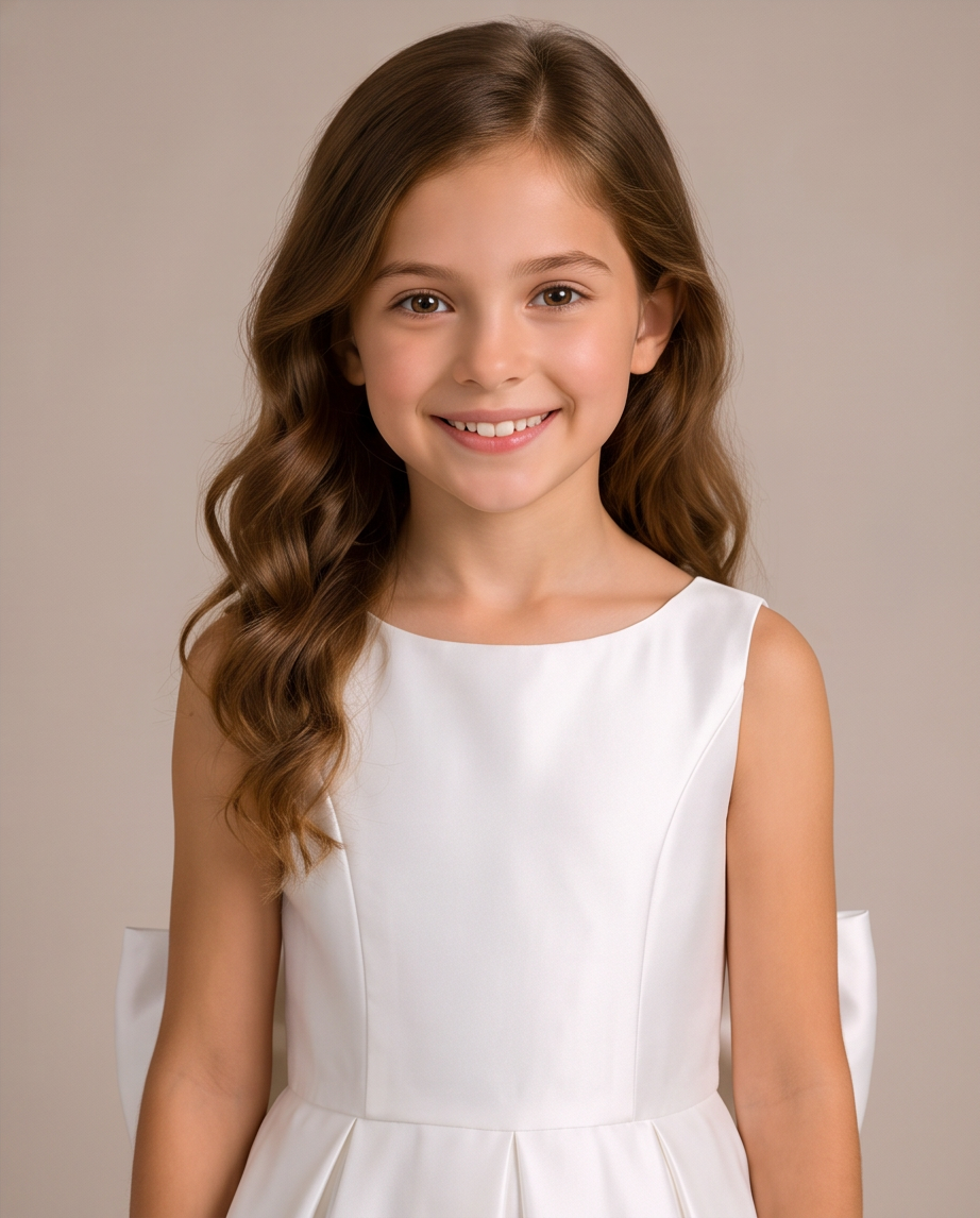 A young girl with long brown hair smiling, wearing a sleeveless white dress against a solid beige studio background.