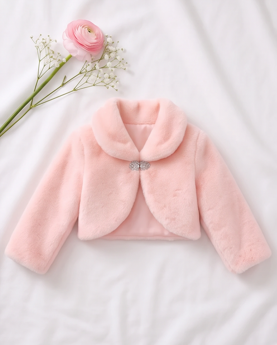 A light pink faux fur jacket for toddlers, featuring a wide collar and a decorative silver bow at the center front, laid flat on a white fabric background with a pink rose and baby's breath flower as props.