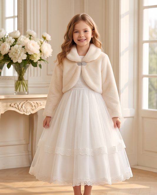 A young girl stands in a bright, elegant room wearing a cream faux-fur bolero jacket with a silver bow over a white tiered tulle dress. To the left, a console table holds a large vase of white flowers.