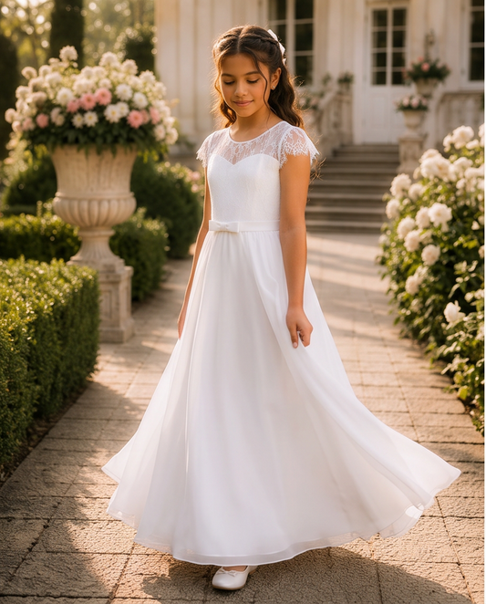 A young girl wearing a white A-line flower girl dress with a lace bodice and short cap sleeves, standing on a stone pathway in a garden courtyard.
