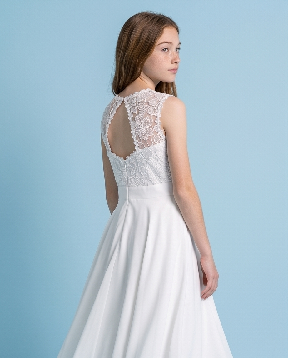 A young woman wearing a white sleeveless dress with a lace open-back bodice and a flowing skirt, photographed against a light blue studio background.
