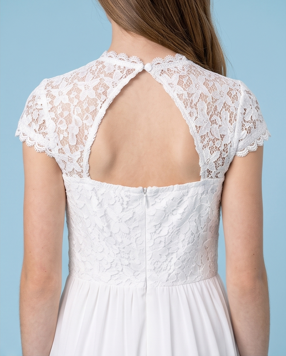 Back view of a white lace dress with a high lace-up open back, short lace sleeves, and a gathered waist, shown on a model against a light blue background.