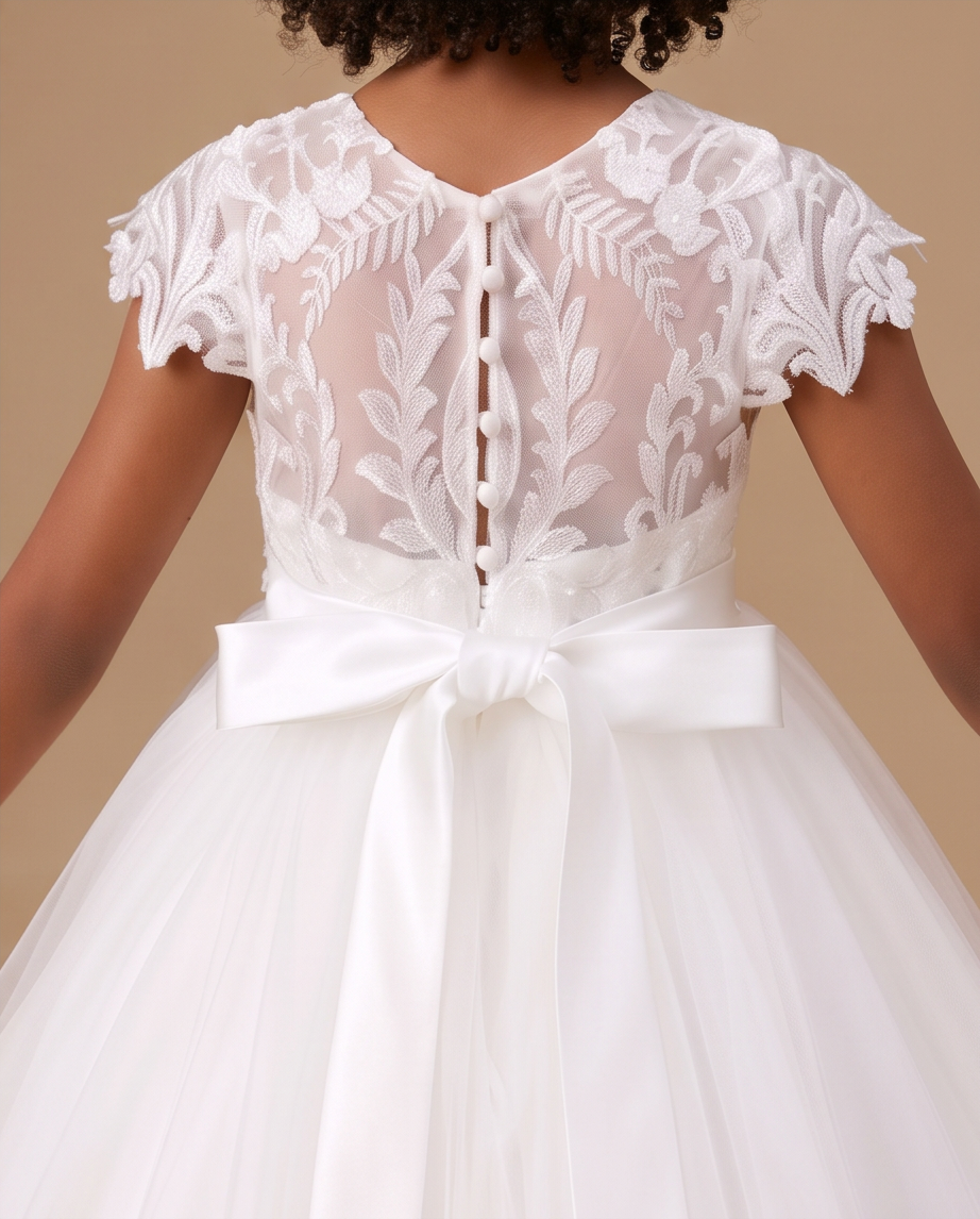Back view of a white flower girl dress with a sheer floral lace back, button closure, cap sleeves, and a large satin bow at the waist, shown on a model against a beige background.