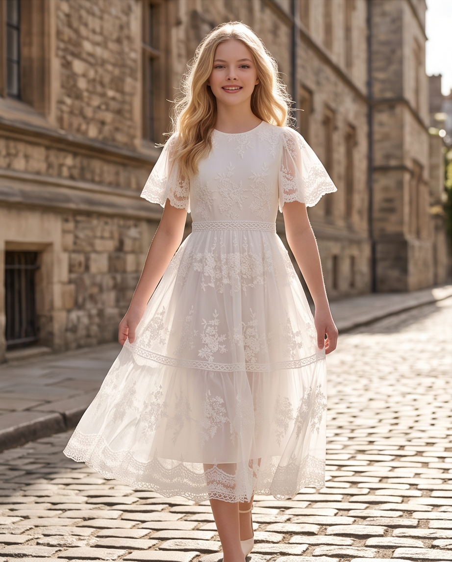 A young girl stands on a cobblestone street wearing a cream-white lace midi dress with short flutter sleeves, a fitted bodice, and a tiered skirt. The background shows a blurred stone building.