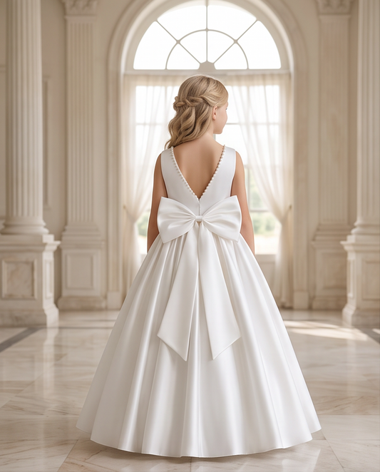 A young girl viewed from behind wearing a white satin ballgown with a large bow at the back, standing in a grand, sunlit classical hall with columns and arched windows.