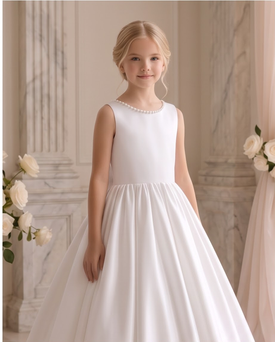 A young girl with blonde hair wearing a sleeveless white first communion dress with a pearl-trimmed neckline and a full skirt, standing in a softly lit classical interior with marble columns and white roses.