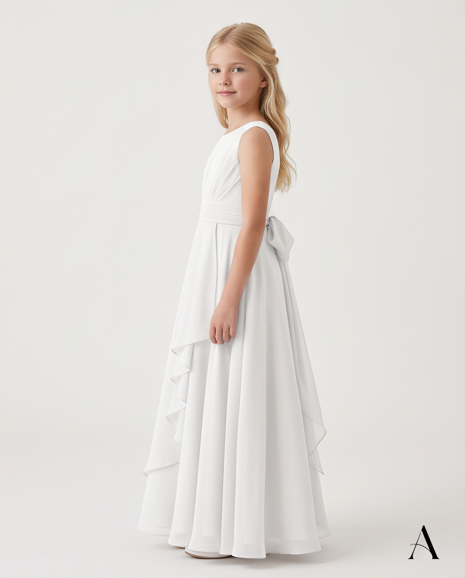 White Chiffon First Communion Dress - Back View showing V-Back and Satin Bow