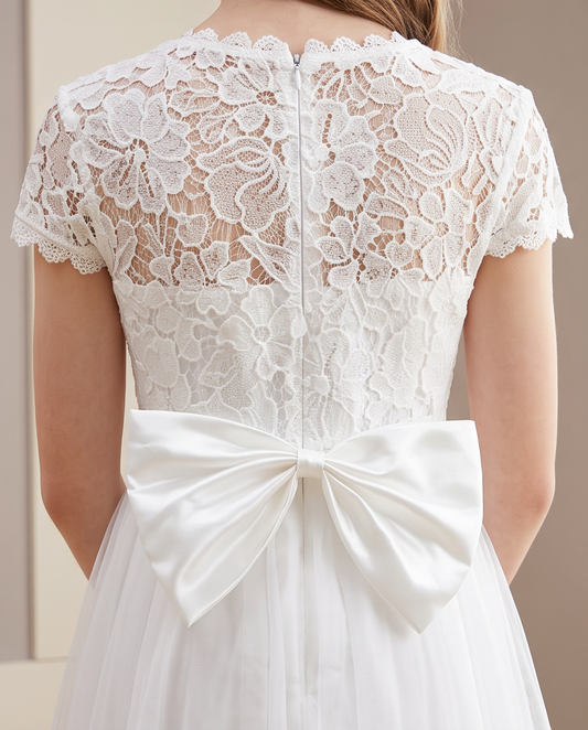 Elegant Lace & Tulle First Communion Dress - Back View showing satin bow