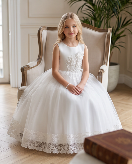 Girls White Satin 3D Floral Appliqué Communion Dress - Seated Front View