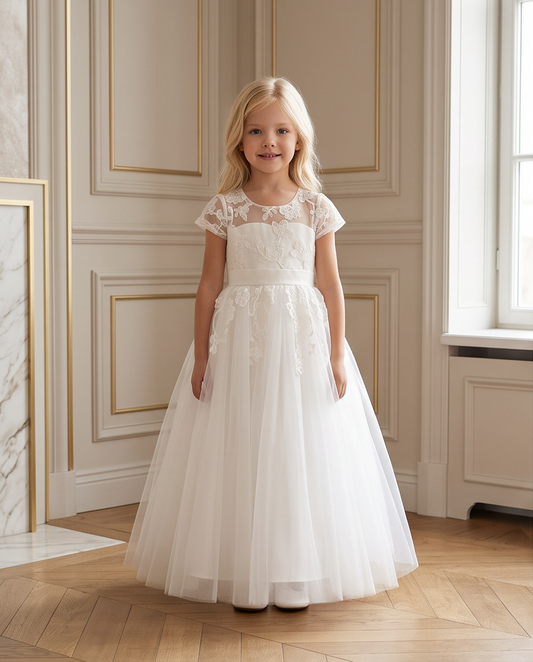 Back view of white lace communion dress with V-back button detail and satin bow