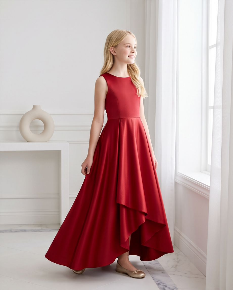 Girl in red satin high-low dress standing natural light full length