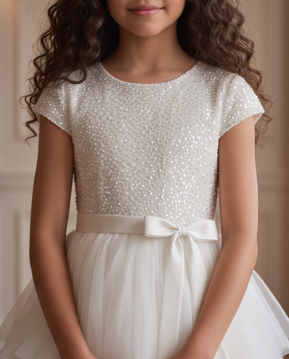 Girl wearing white sequin communion dress magical moment lifestyle image