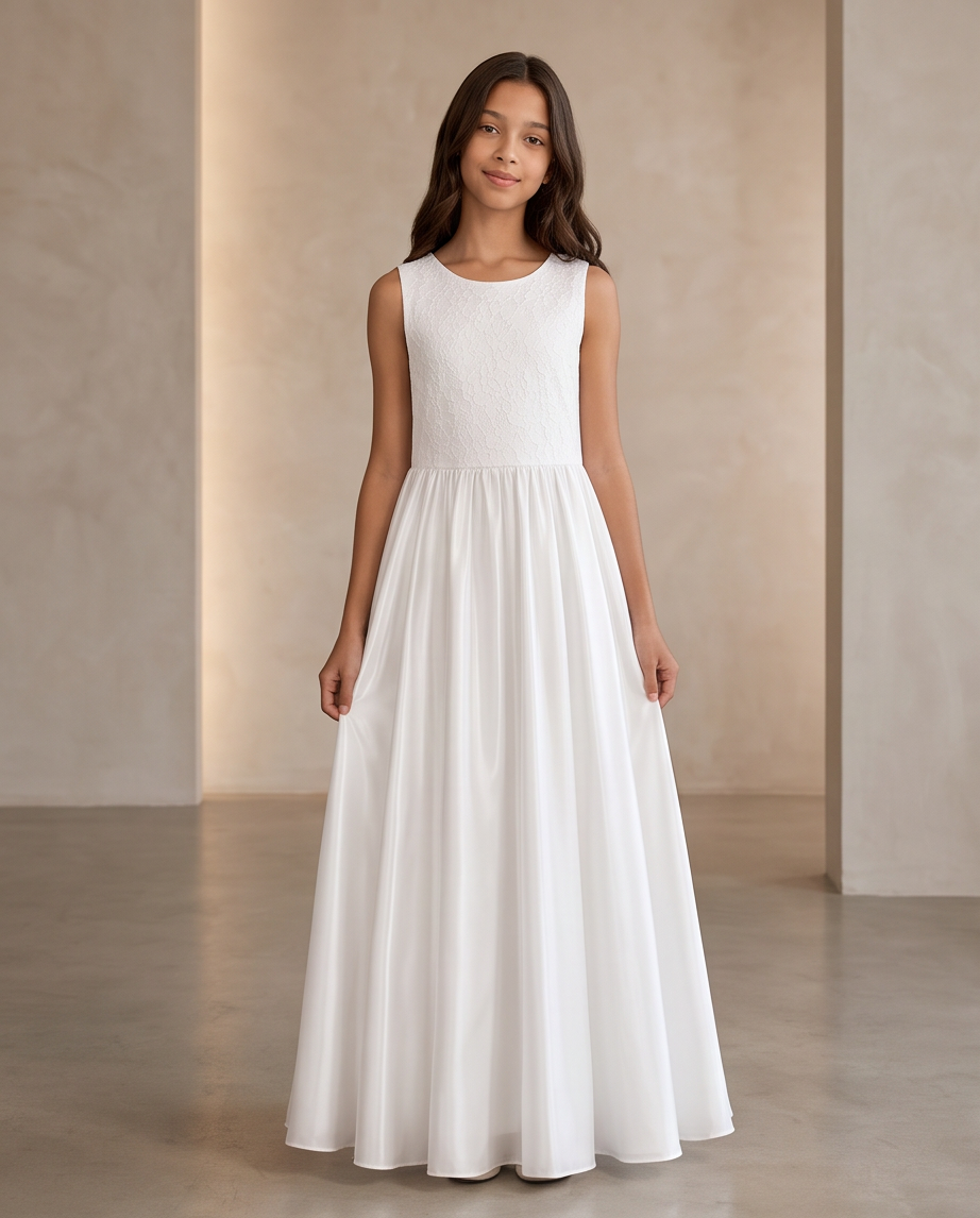 Girls white lace back dress back view close on satin bow