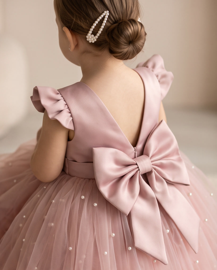 Toddler girl standing wearing blush pink pearl tulle dress side view showing bow