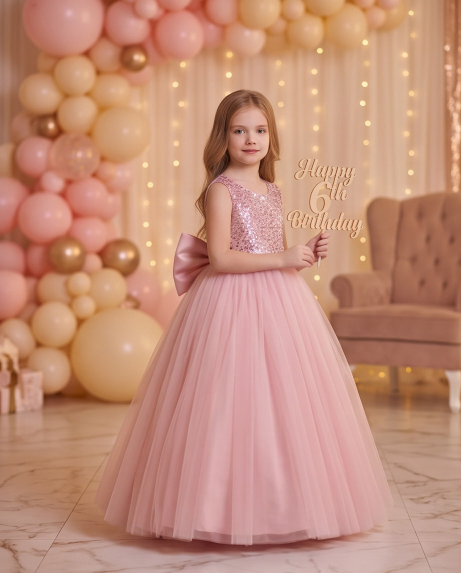 Girls Rose Gold Sequin Bodice Flower Girl Dress with Satin Bow & Tulle Skirt