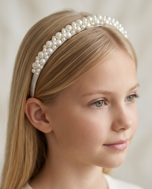 Classic pearl communion tiara styled on a girl in a white outfit