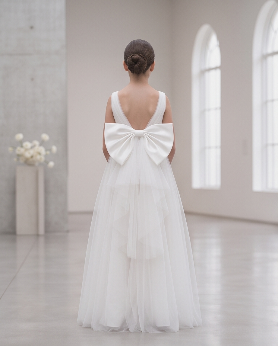 Oversized white satin and tulle bow styled on a white dress