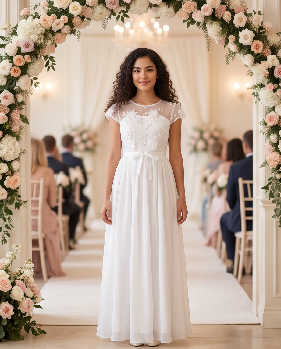 A woman stands in a wedding aisle wearing a long white dress with sheer cap sleeves, floral lace detailing at the neckline and waist, and a tied bow at the waist. She is framed by a large arch of pink and white roses, with seated guests blurred in the background.