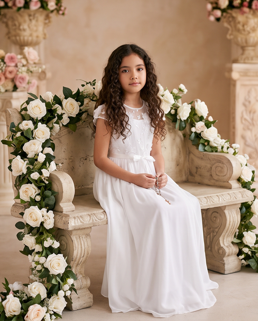 A young girl with long curly brown hair sits on a stone bench wearing a white sleeveless dress with a lace bodice and flowing skirt. The scene is decorated with white roses and green foliage against a warm beige background.