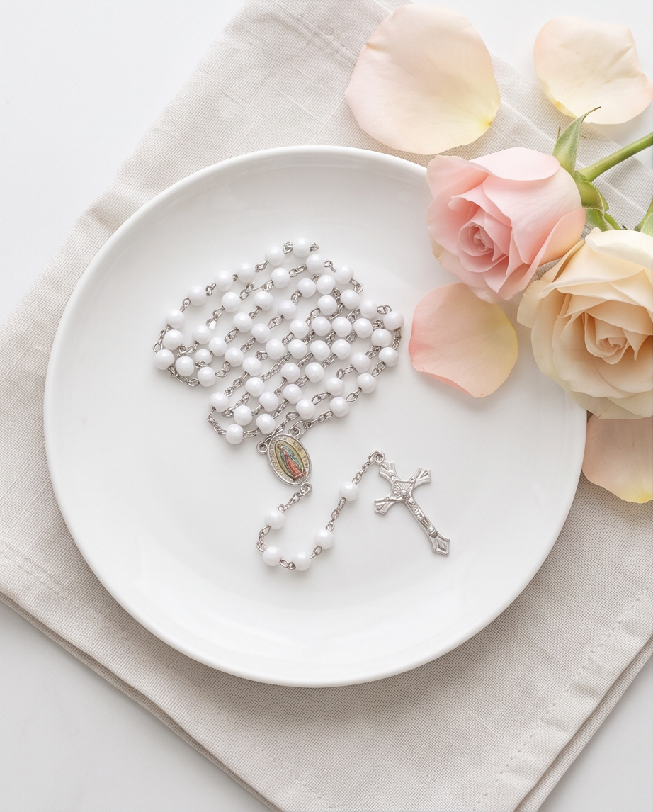 Close-up of Our Lady of Guadalupe rosary medal and silver-tone crucifix