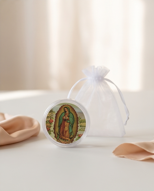 Our Lady of Guadalupe rosary gift set in a clear case and white organza pouch