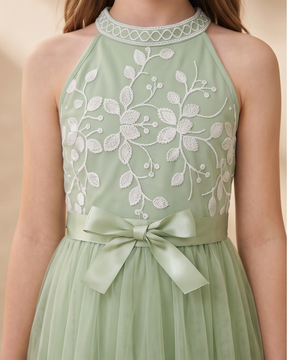 Girl wearing Sage Green Lace & Tulle Flower Girl Dress